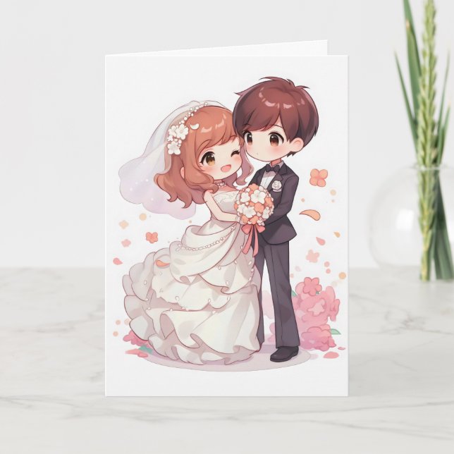 Anime Couple Wedding Chibi Feiertagskarte (Vorderseite)