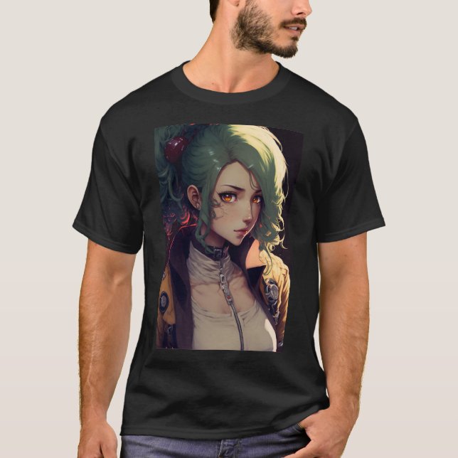 Anime Cute Girl with Green Hair T-Shirt (Vorderseite)