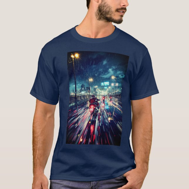 Anime Cyberpunk Rainy City Motorrad T-Shirt (Vorderseite)