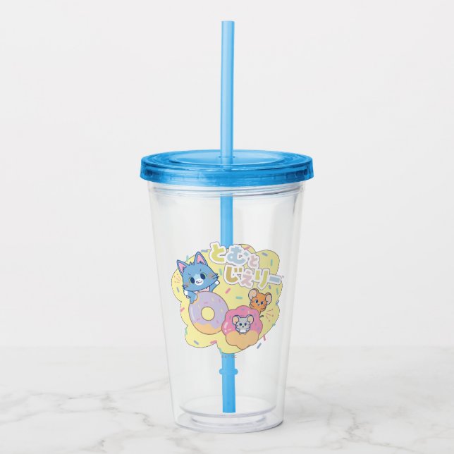 Anime Donut freut sich mit Tom, Jerry und Tuffy Acryltrinkbecher (Vorderseite)