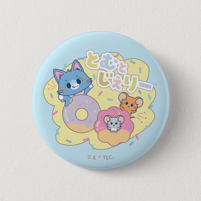 Anime Donut freut sich mit Tom, Jerry und Tuffy Button (Vorderseite)