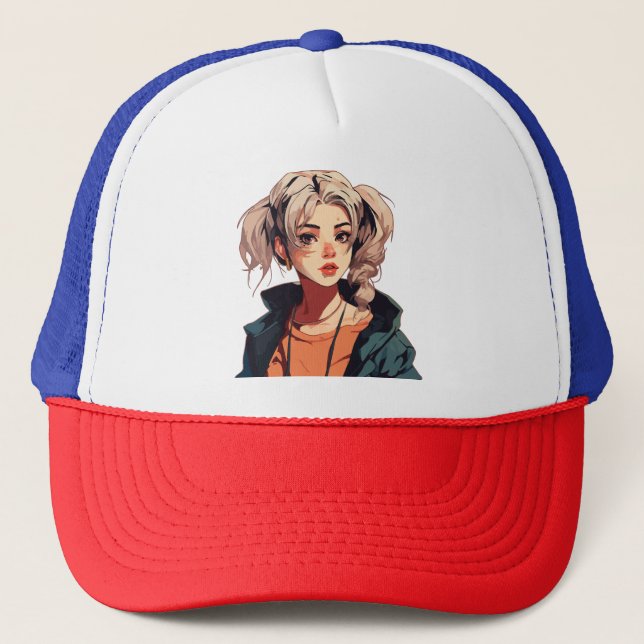 Anime Dream: Schönheit in Beige Truckerkappe (Vorderseite)