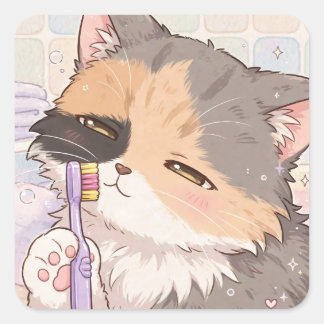 Anime-Dreifarbenkatze mit Zahnbürste Quadratischer Aufkleber