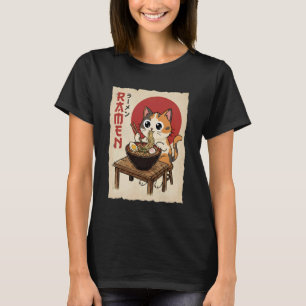 Anime Dreifarbig Katze die Nudeln isst Lustig Kawa T-Shirt