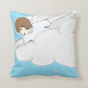 Anime-Engels-Junge, der heraus von den Wolken Kissen