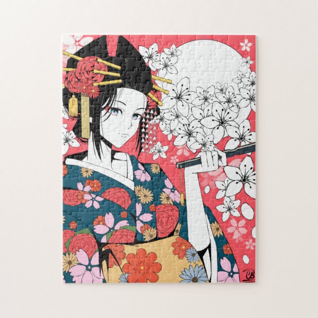 Anime Floral Geisha rose blanc puzzle (Vertical)