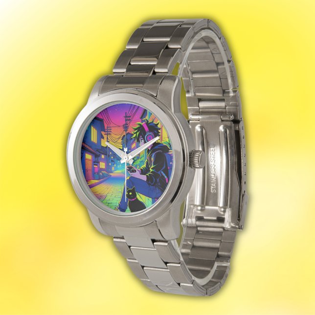 Anime Gamer mit Black Cat | Armbanduhr (Von Creator hochgeladen)