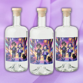 Anime Gaming Couple mit ihrer Katze | Alkoholflaschenetikett