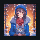 Anime Girl and a Kitten Winter Christmas Magnet<br><div class="desc">Niedliches Anime-Girl mit einem grauen Kätzchen und einem schneebedeckten Weihnachtsmagneten.</div>