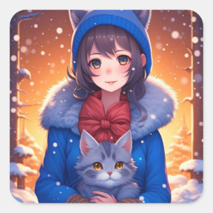 Anime Girl and a Kitten Winter Christmas Quadratischer Aufkleber