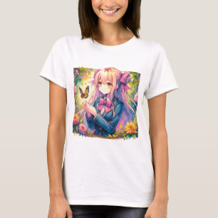 Anime Girl and Butterfly Wassercolor T-Shirt