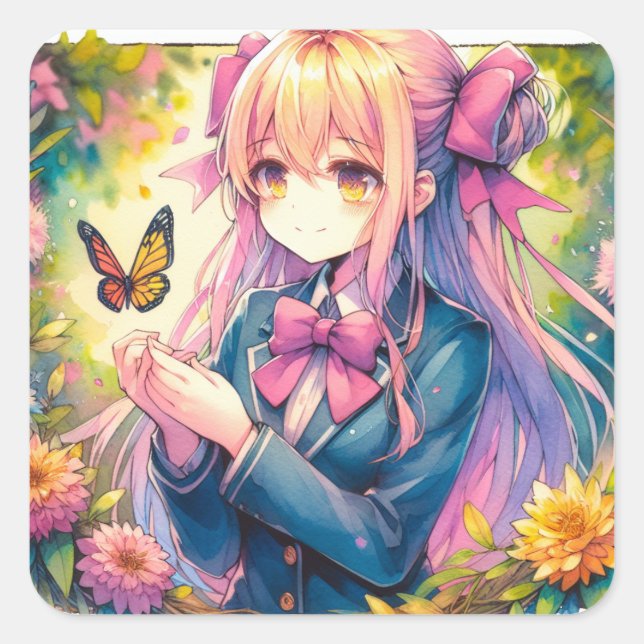 Anime Girl and Butterfly Wasserfarben Kunst Quadratischer Aufkleber (Vorderseite)