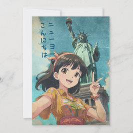 Anime Girl and Statue of Liberty, New York - Retro Dankeskarte