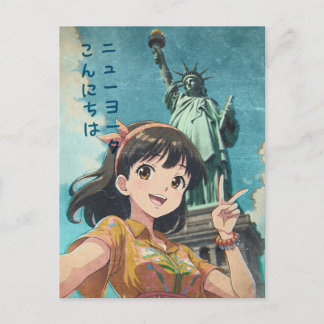 Anime Girl and Statue of Liberty, New York - Retro Feiertagspostkarte