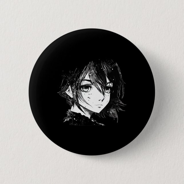 Anime Girl Anime Eyes Ink Sketch Zeichnend für G Button (Vorderseite)
