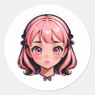 Anime-Girl-Aufkleber - Rosa Haare im Chibi-Stil Runder Aufkleber