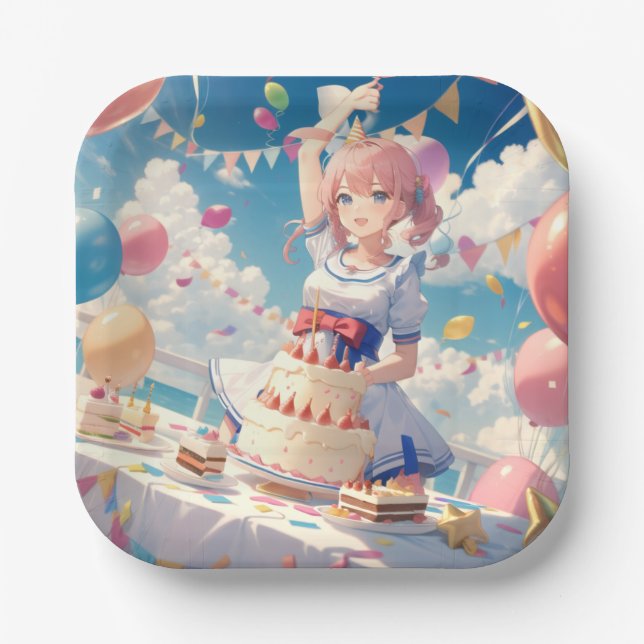 Anime Girl Birthday Pappteller (Vorderseite)