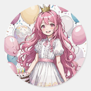 Anime girl Birthday Runder Aufkleber