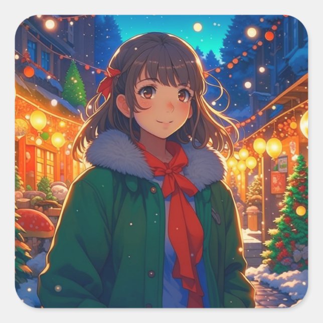Anime Girl Christmas Lights Quadratischer Aufkleber (Vorderseite)