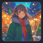Anime Girl Christmas Lights Quadratischer Aufkleber<br><div class="desc">Hübsches Anime-Mädchen an einem Wintertag Weihnachtskleber.</div>
