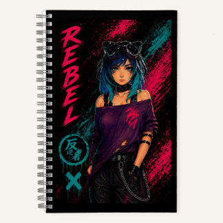Anime Girl Cyberpunk Neon Black Notizbuch