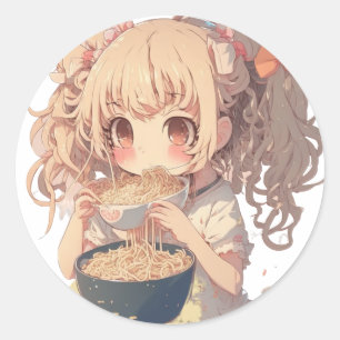 Anime Girl Eating Ramen Noodles Runder Aufkleber