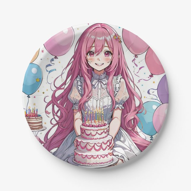 Anime Girl Geburtstag Pappteller (Vorderseite)