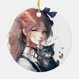 Anime Girl hält ihr Cat Watercolor Portrait Keramik Ornament