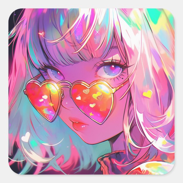 Anime Girl Hearts Quadratischer Aufkleber (Vorderseite)