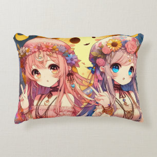 Anime Girl Hippie Moon Girls geben Friedenszeichen Dekokissen