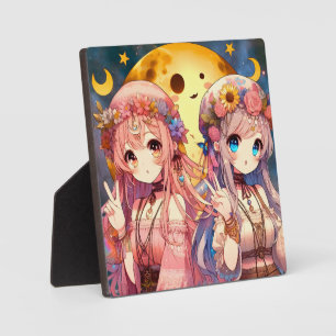Anime Girl Hippie Moon Girls geben Friedenszeichen Fotoplatte