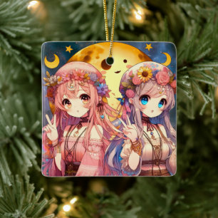 Anime Girl Hippie Moon Girls geben Friedenszeichen Keramikornament