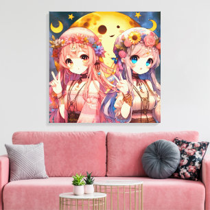 Anime Girl Hippie Moon Girls geben Friedenszeichen Leinwanddruck