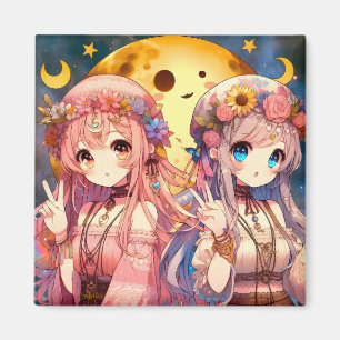 Anime Girl Hippie Moon Girls geben Friedenszeichen Magnet