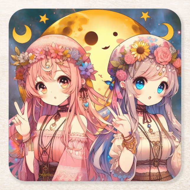 Anime Girl Hippie Moon Girls geben Friedenszeichen Rechteckiger Pappuntersetzer (Vorderseite)