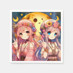 Anime Girl Hippie Moon Girls geben Friedenszeichen Serviette