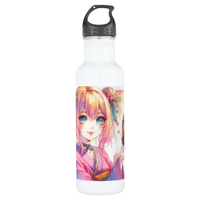 Anime Girl Holding a Butterfly Edelstahlflasche (Vorderseite)