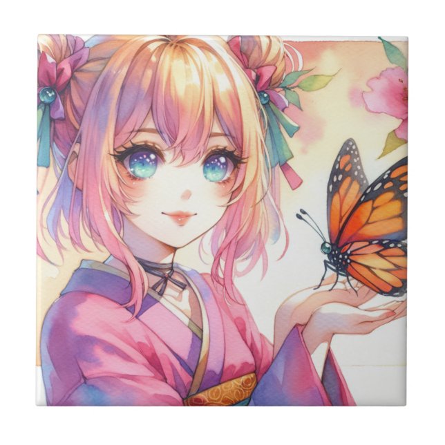 Anime Girl Holding a Butterfly Fliese (Vorderseite)