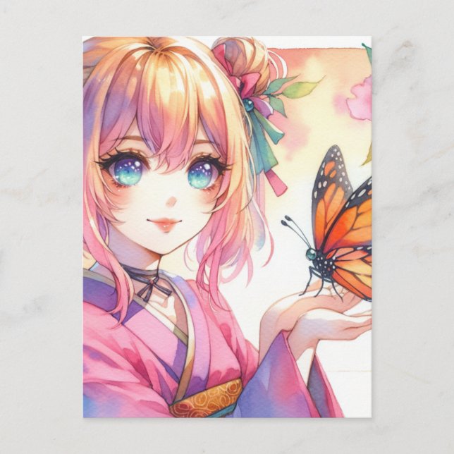 Anime Girl Holding a Butterfly Postkarte (Vorderseite)