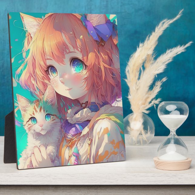 Anime Girl Holding an Adorable Kitten Fotoplatte (Seite)