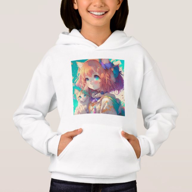 Anime Girl Holding an Adorable Kitten Hoodie (Vorderseite)