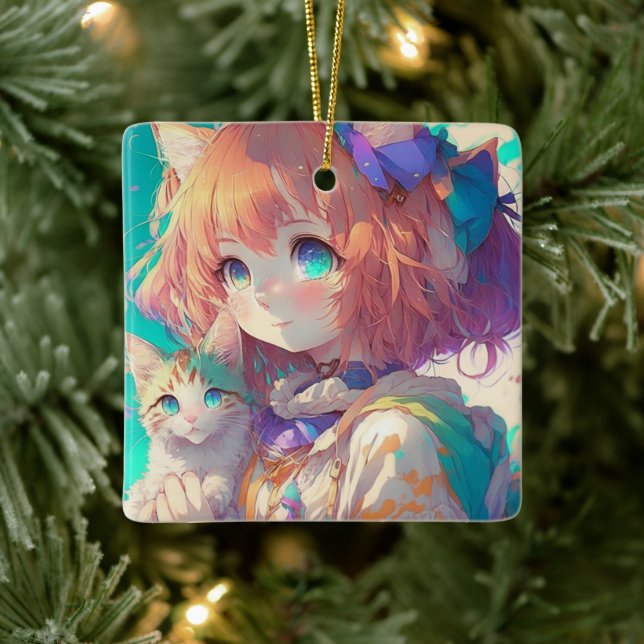 Anime Girl Holding an Adorable Kitten Keramikornament (Baum)