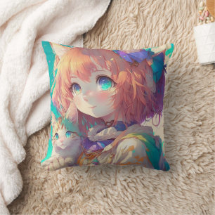 Anime Girl Holding an Adorable Kitten Kissen