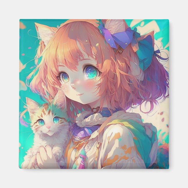Anime Girl Holding an Adorable Kitten Magnet (Vorne)