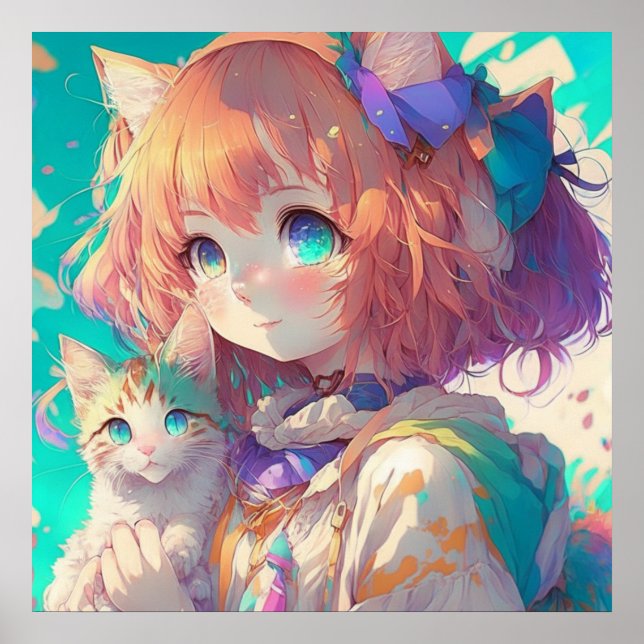 Anime Girl Holding an Adorable Kitten Poster (Vorne)