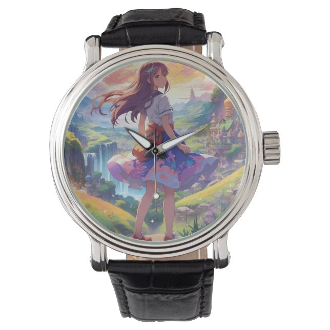 Anime Girl im Landschaftsrundfunk Armbanduhr (Vorderseite)