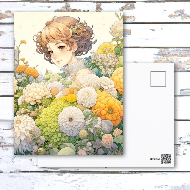 Anime Girl in Gelben Blumen Personalisiert Geburts Postkarte (Von Creator hochgeladen)
