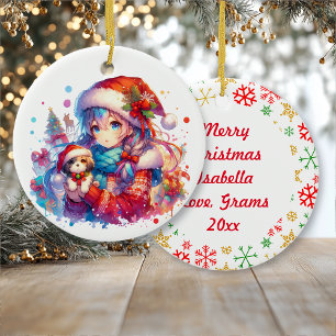 Anime Girl in Weihnachtsmannmütze Wasserfarben Wei Keramik Ornament