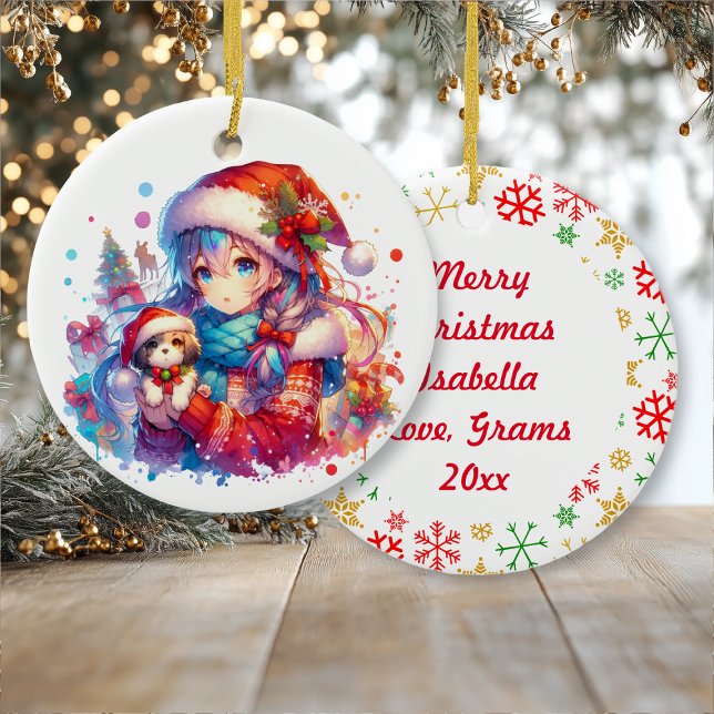 Anime Girl in Weihnachtsmannmütze Wasserfarben Wei Keramik Ornament (Von Creator hochgeladen)