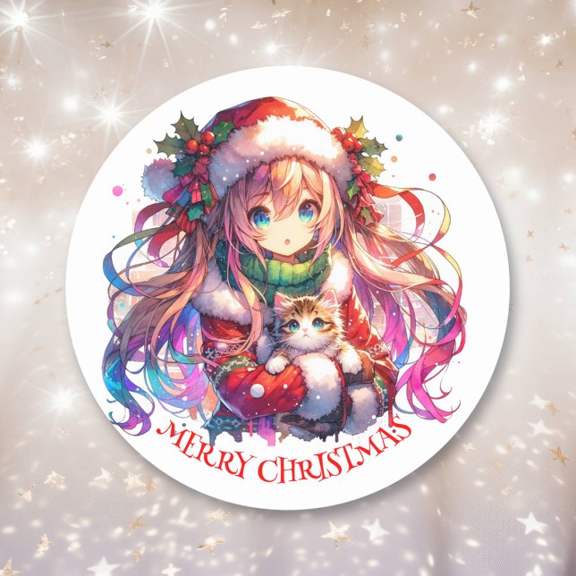 Anime Girl in Weihnachtsmannmütze Wasserfarben Wei Runder Aufkleber (Von Creator hochgeladen)